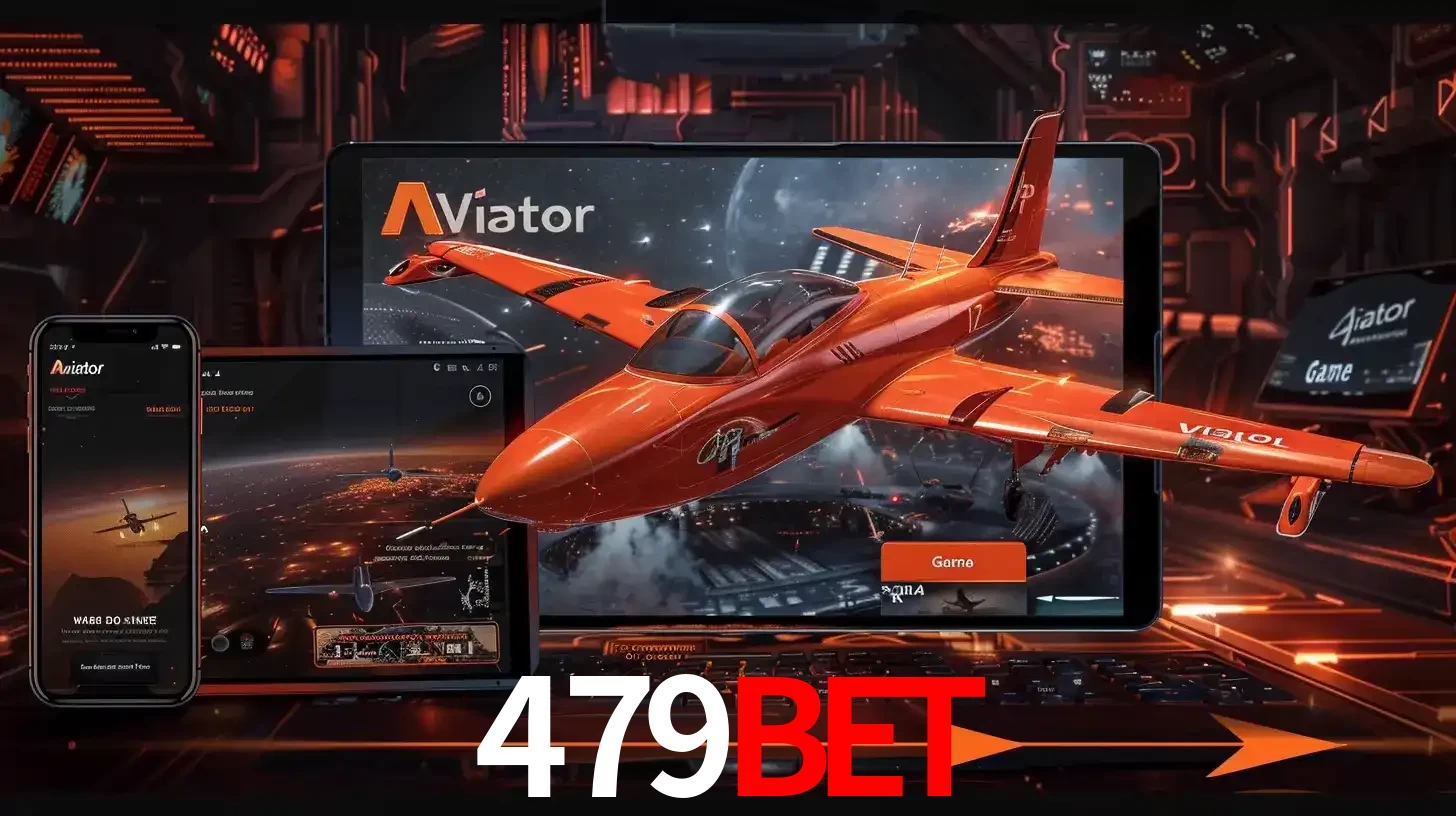 Apresentação tecnológica do jogo Aviator com um avião saindo da tela de um tablet, demonstrando a experiência imersiva em múltiplos dispositivos no 479BET.