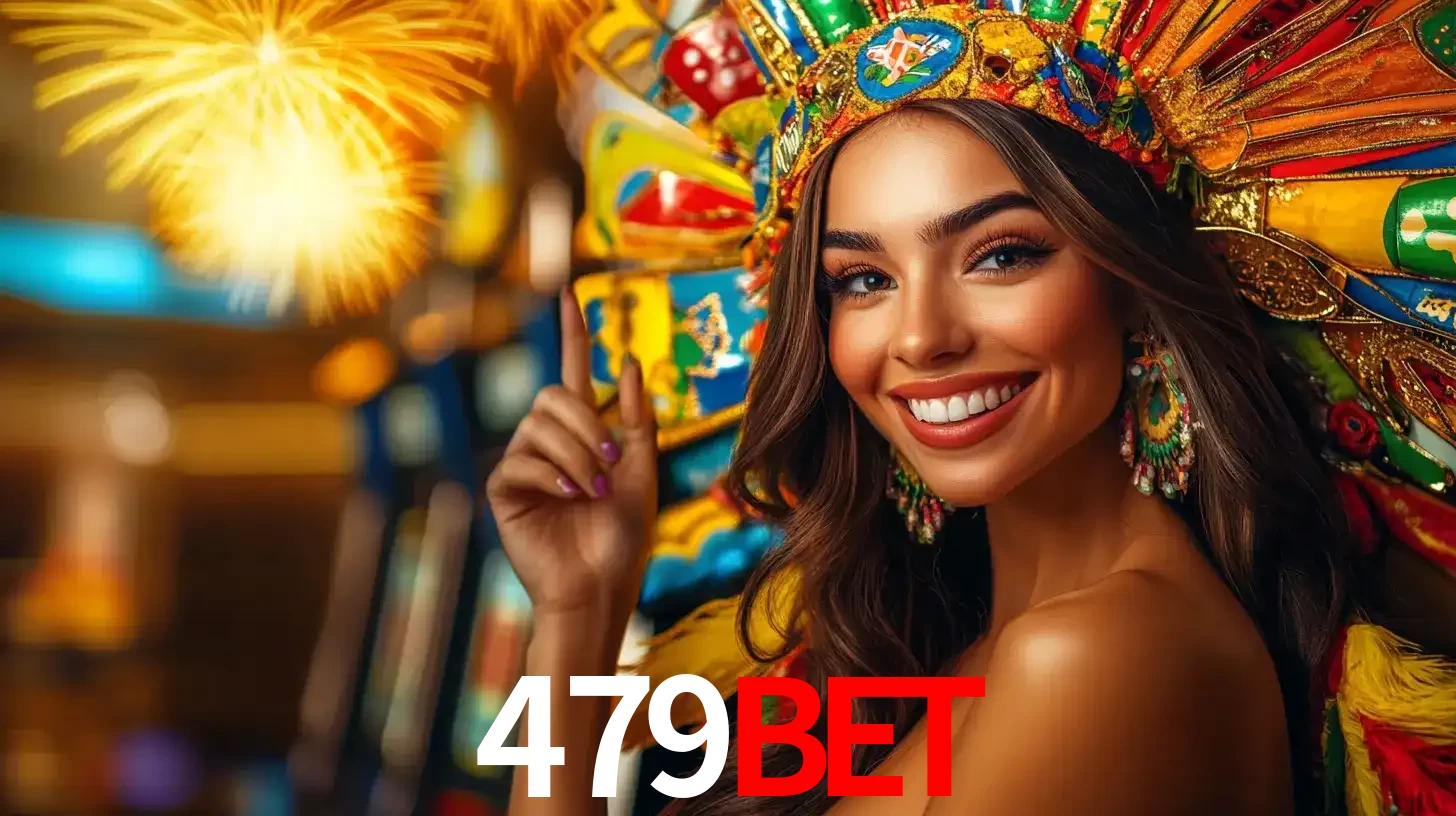 Mulher sorridente com um cocar de carnaval vibrante e colorido, celebrando uma grande vitória nos jogos do cassino 479BET com fogos de artifício ao fundo.
