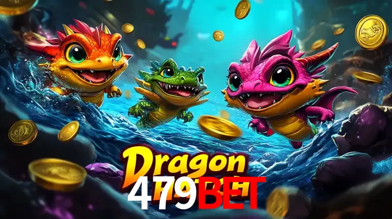 Arte promocional do jogo Dragon Hatch com três adoráveis dragões bebês nadando entre moedas de ouro, um dos slots mais divertidos para jogar no cassino 479BET.