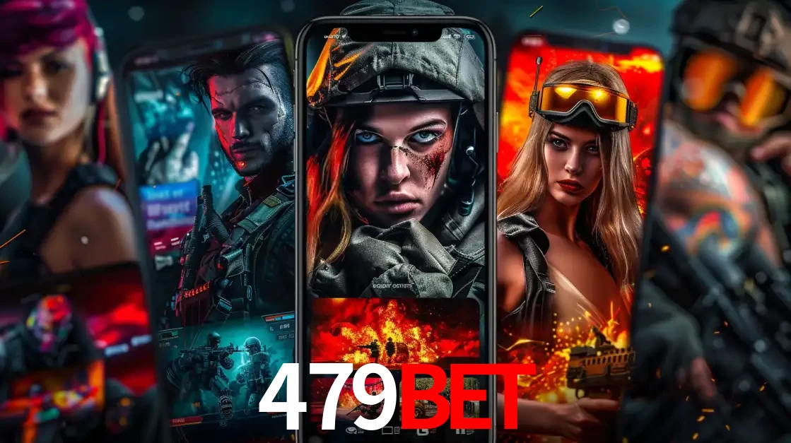 Montagem de telas de celular mostrando diversos personagens, masculinos e femininos, de um jogo de tiro, ilustrando a diversidade de equipes de e-sports para apostar no 479BET.