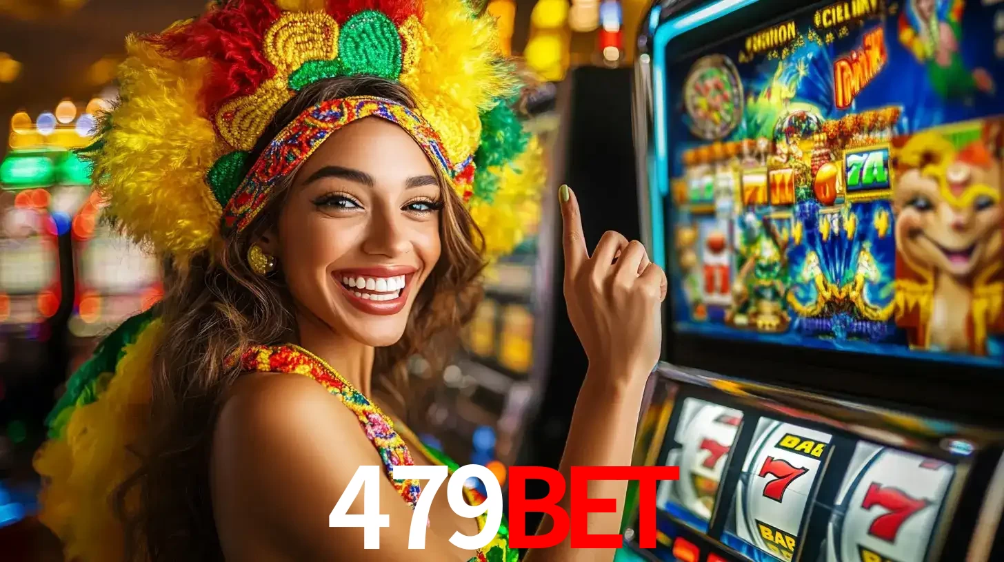 Mulher animada com um cocar de carnaval apontando para uma máquina de caça-níqueis, mostrando a emoção de ganhar um grande prêmio nos jogos do 479BET.