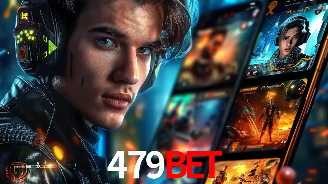Jovem jogador com fones de ouvido olhando para a câmera, com um aplicativo de jogos e e-sports para celular ao fundo, pronto para a competição e apostas no 479BET.