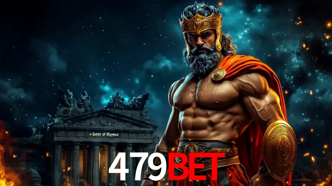 O poderoso Zeus do jogo de slot Gates of Olympus em frente ao seu templo, pronto para lançar multiplicadores divinos e prêmios épicos no cassino online 479BET.