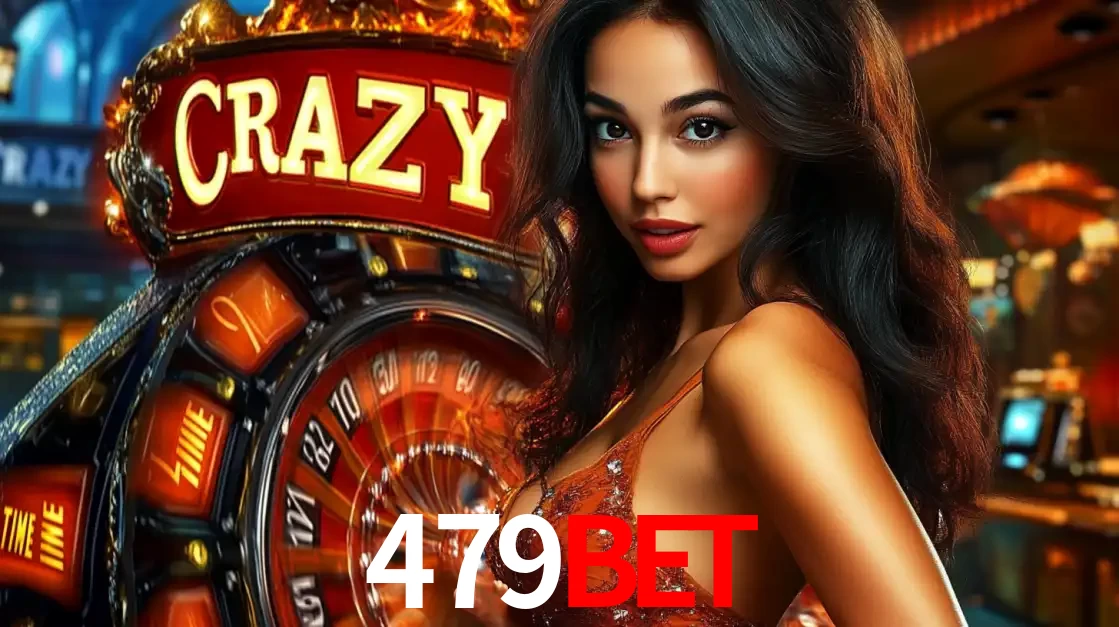 Mulher glamourosa olhando para a câmera com a roda vermelha do Crazy Time ao fundo em um ambiente de cassino, destacando a emoção dos jogos ao vivo no 479BET.