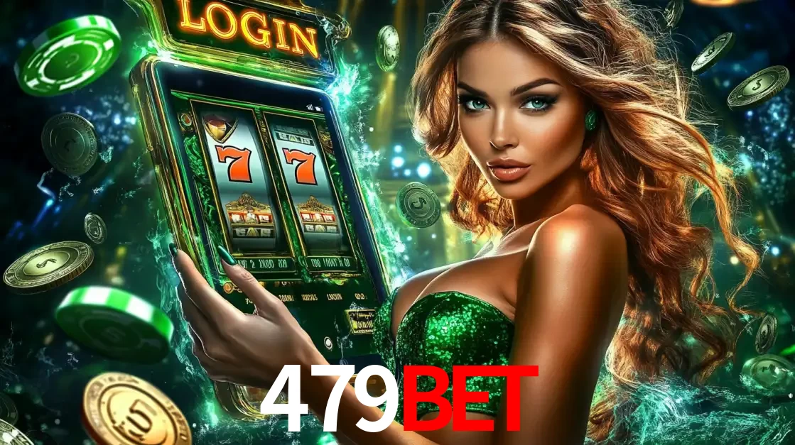 Mulher com tema verde apresentando o aplicativo do cassino 479BET com um jogo de slot de 777, cercada por fichas de cassino e uma aura de sorte.