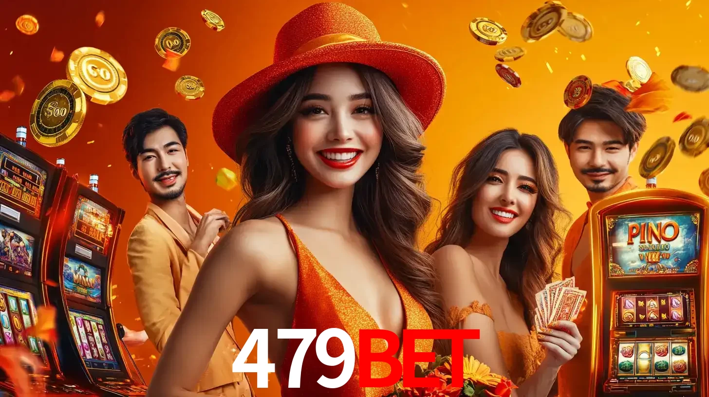 Grupo de amigos asiáticos sorrindo e se divertindo com máquinas de caça-níqueis em um ambiente festivo, celebrando suas vitórias nos jogos de cassino do 479BET.