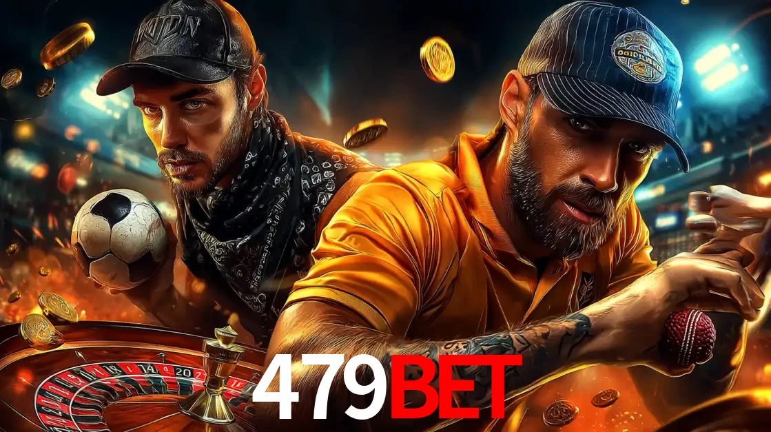 Montagem de apostas esportivas e cassino no 479BET, com um homem segurando uma bola de futebol e outro uma de beisebol sobre uma roleta e moedas voadoras.