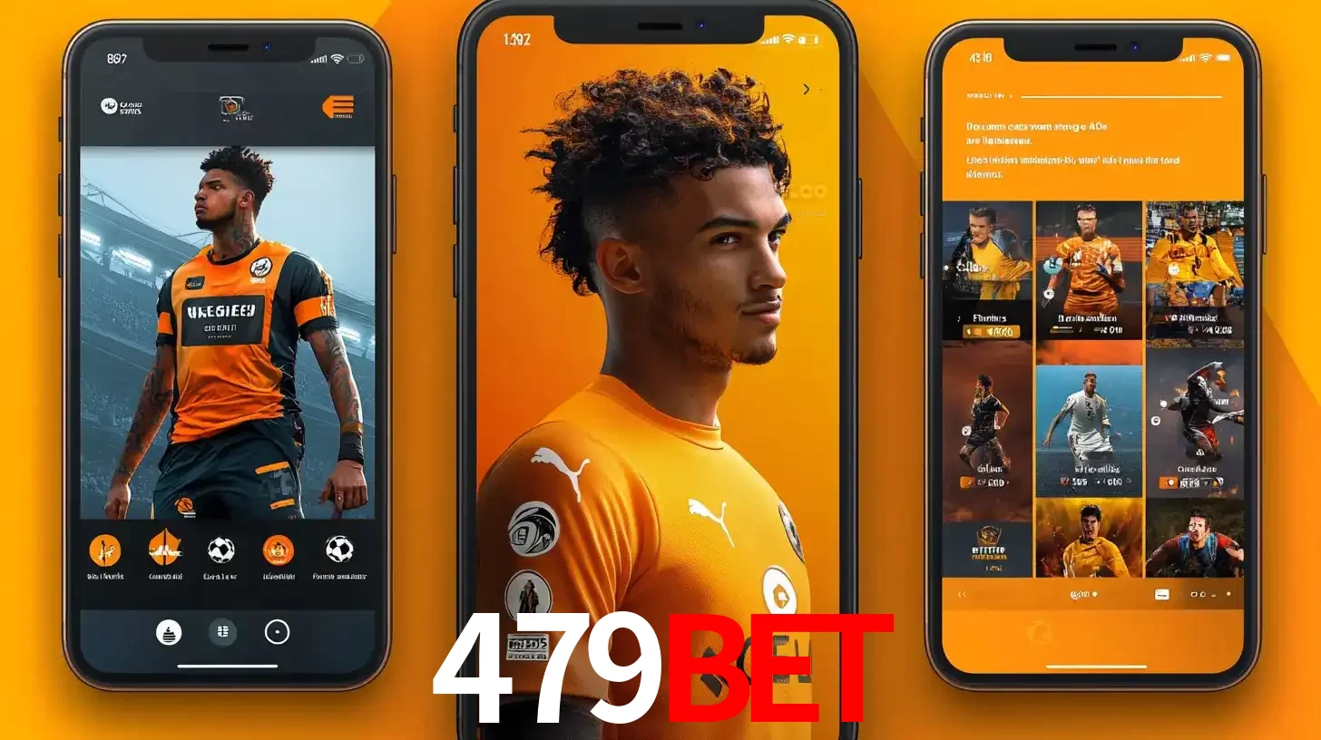 Interface do aplicativo de apostas esportivas 479BET em três telas de celular, mostrando o perfil de um jogador de futebol e a lista de jogos disponíveis para apostar.