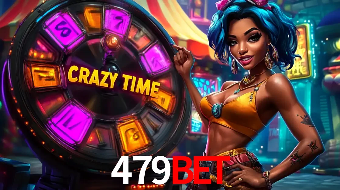 Mulher estilizada com cabelo azul e visual vibrante posando ao lado da roda de prêmios do game show Crazy Time, convidando para a diversão e os bônus do cassino 479BET.