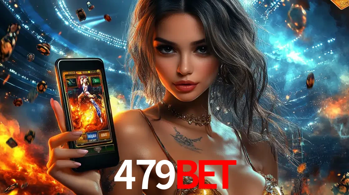 Mulher segurando um celular com um jogo de slot em destaque, tendo como fundo um estádio vibrante, simbolizando a emoção de jogar no cassino móvel 479BET.