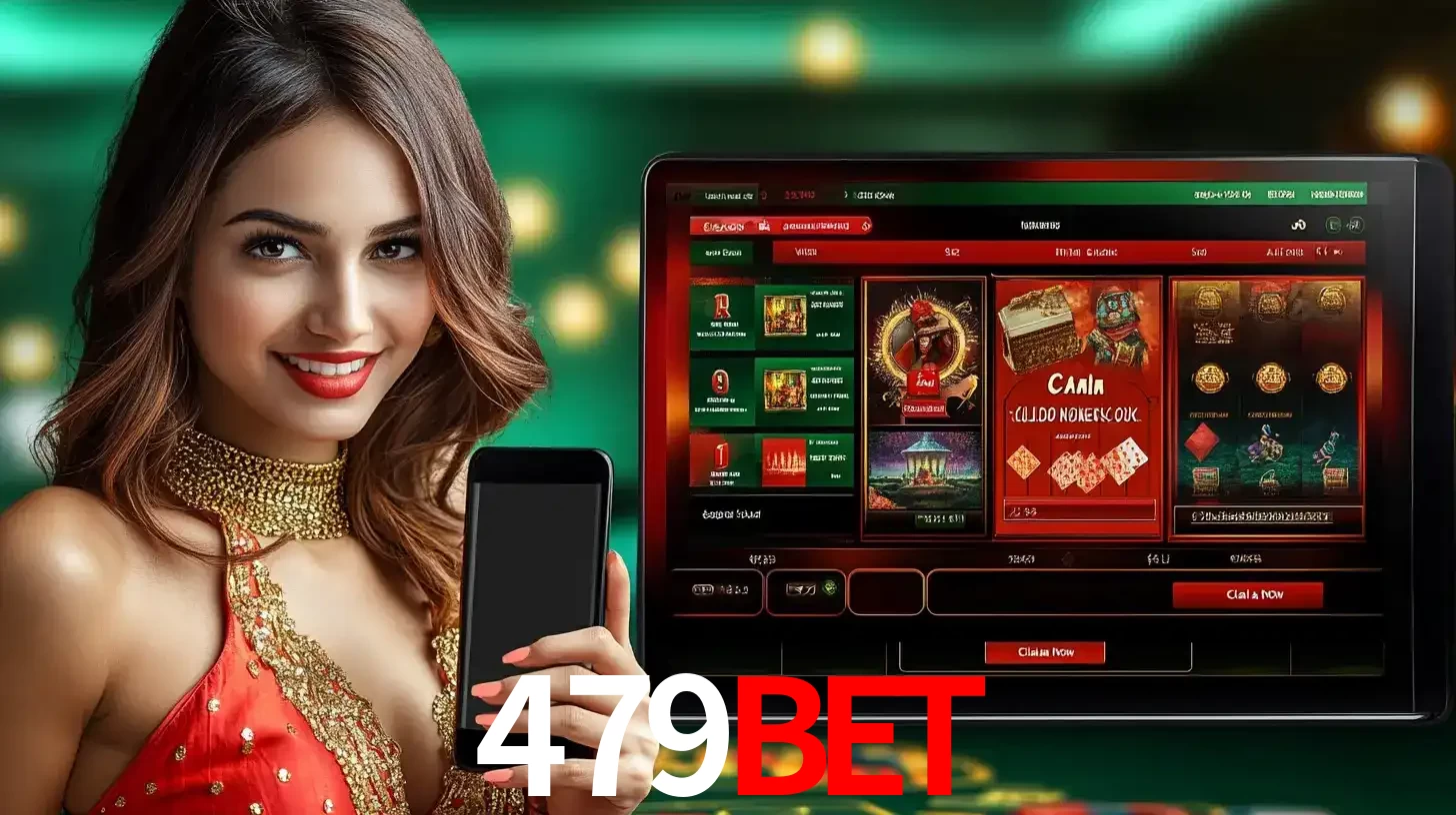 Mulher sorridente segurando um smartphone, ao lado de uma tela exibindo o lobby de jogos do cassino online 479BET, com várias opções de jogos de cartas e slots.
